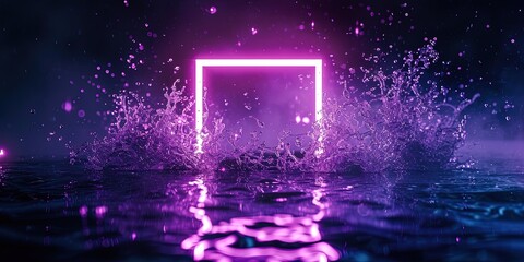Water Illuminated With Neon Purple Light Square On Dark Square Frame. Сoncept Nighttime Cityscape, Urban Reflections, Vibrant Neon Lights, Moody Atmosphere, Dramatic Shadows