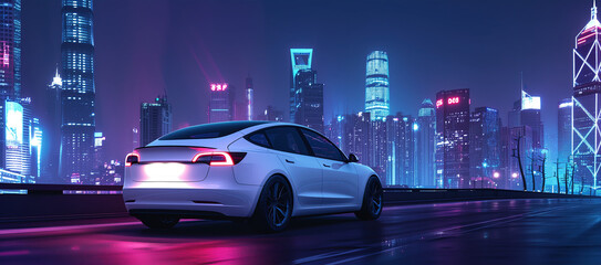 An Electric Car Effortlessly Navigates A Cityscape Of Towering Skyscrapers At Night. Сoncept Futuristic Cityscapes, Electric Cars, Night Photography, Skyscrapers, Urban Exploration - obrazy, fototapety, plakaty