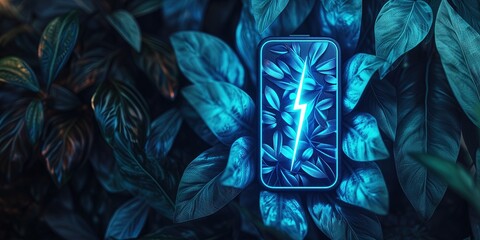 Lithium Ion Battery With A Lightning Bolt Icon , Leaves Illuminated With Neon Blue Light Battery Shape On Dark Battery Shape - obrazy, fototapety, plakaty