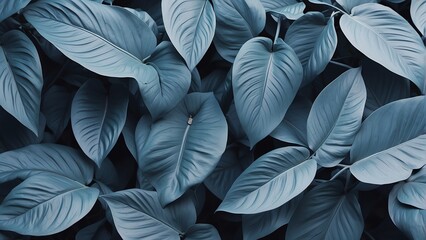 Light blue colored plant tropical leaves background pattern wallpaper from Generative AI