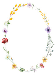 Oval frame made of watercolor wild flowers and leaves, summer wedding and greeting illustration - obrazy, fototapety, plakaty