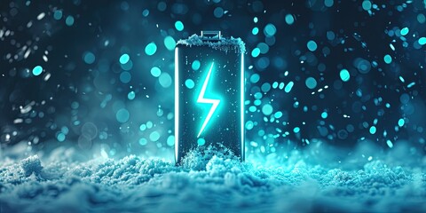 Lithium Ion Battery With A Lightning Bolt Icon , Snow Illuminated With Neon Turquoise Light Battery Shape On Dark Battery Shape - obrazy, fototapety, plakaty