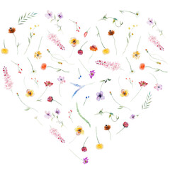 Heart made with watercolor summer wild flowers and leaves, colorful wedding illustration