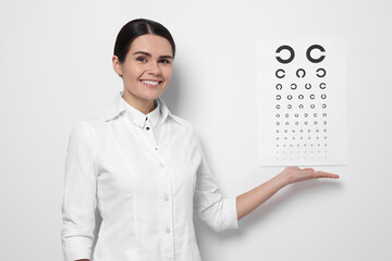 Ophthalmologist showing vision test chart on white wall