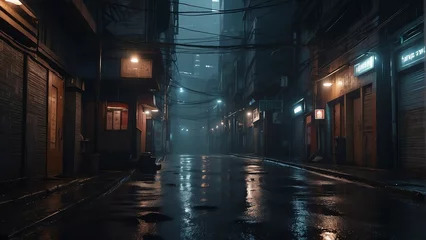 Fotobehang Dystopian dark alley way in cyberpunk city at night with buildings and rain from Generative AI © sevenSkies
