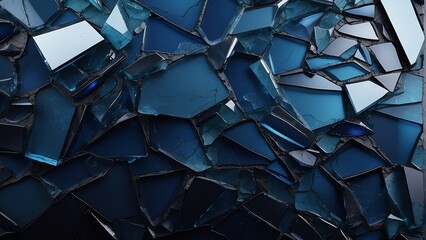 Dark blue broken glass background material texture abstract from Generative AI