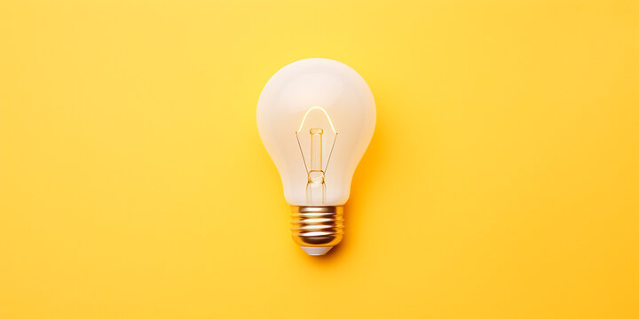 Photorealistic image of a white incandescent light bulb on a yellow background
