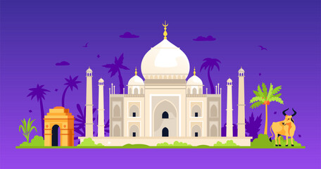 Sacred India places - modern colored vector illustration with Taj Mahal Mosque on a purple background, Gateway in New Delhi and holy cow. Palm trees, summer. Traditions and culture of Asia idea