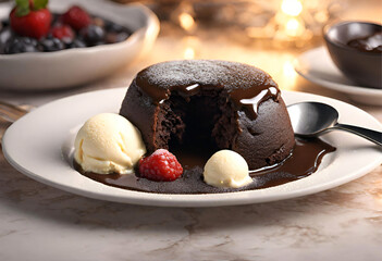 A decadent chocolate lava cake oozing with molten goodness, served with a scoop of velvety vanilla ice cream