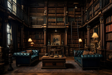 interior of the vintage library full of books and furniture - Powered by Adobe