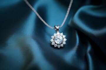 A close-up shot of a delicate silver necklace with a sparkling diamond pendant.