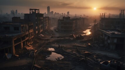 Fototapeta na wymiar A destroyed dark apocalyptic city post apocalypse after a world war at sunset from Generative AI