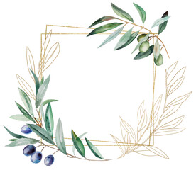 Geometric golden frame with green watercolor olive leaves and berries, isolated wedding illustration
