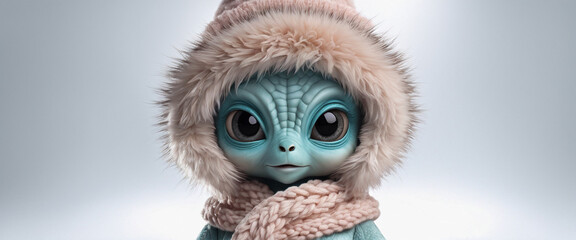Obraz premium A cute green alien wearing a rich fur hat is looking straight ahead. Isolated on gray background. Monster illustration.