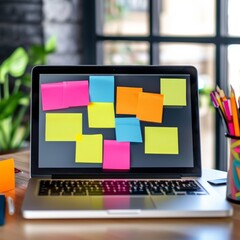 Sticky Notes Colorfully Cover Laptop Screen, Symbolizing Work Overload In Coworking Or Home Office