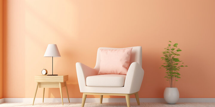 Living room with minimalist decor and a cream color  sofa near the lamp on small table and other side green small plant illustration of  an indoor setting white floor pink wall.
