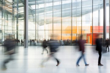 Busy Corporate Life Captured in Motion Blur at a Modern Glass Office Building Entrance. Urban Business Dynamic Concept