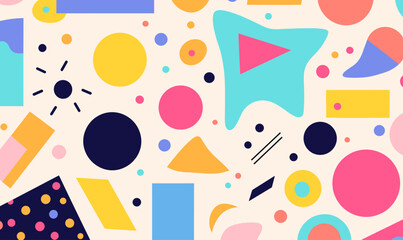 Colorful geometric collage with various shapes seamless pattern, 90s style for children wallpaper vector