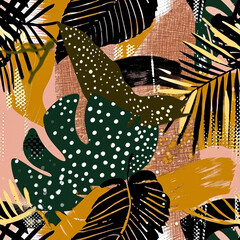 Dark tropical leaf retro polka dot exotic plants repeat pattern, boho abstract