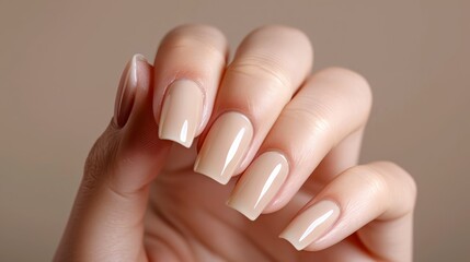 Close-up of beige manicure on a woman's hand - obrazy, fototapety, plakaty