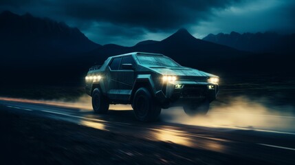 Electric car SUV night road. Neural network AI generated art