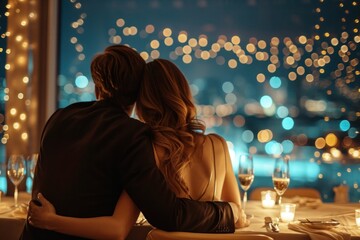 Beautiful loving couple spending time together in a restaurant. Celebrating Saint Valentine's