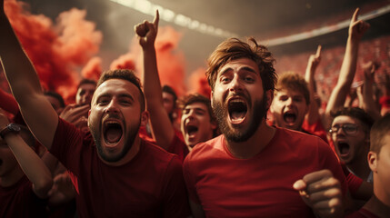 group of fans dressed in red color watching a sports event in the stands of a stadium - obrazy, fototapety, plakaty