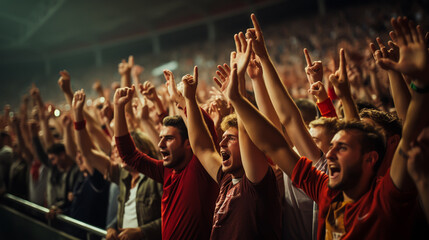 group of fans dressed in red color watching a sports event in the stands of a stadium - obrazy, fototapety, plakaty