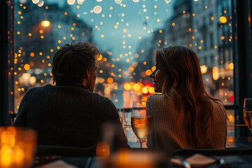 Beautiful loving couple spending time together in a restaurant. Celebrating Saint Valentine's