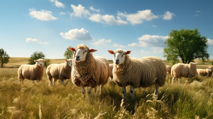 Fototapeta premium Sheep flock graze on grass UHD wallpaper