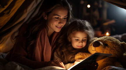 mother and child girl reading a book in bed before going to sleep - obrazy, fototapety, plakaty