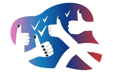 Thumb up hand on trendy gradient background. Like gesture. Good, great job, well done, ok. Positive feedback. Vector illustration. Set of funny cartoon character hands. Approval, agreement