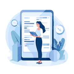 Smart digital checklist and document management online flat illustration. Woman on a checklist background. High quality