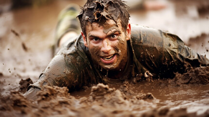 Closeup of strong athletic man crawling in wet muddy puddle in the rain in an extreme competitive sport