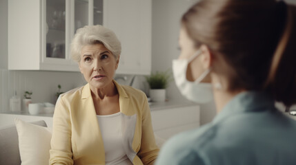 Obraz premium Medical help at home. Woman doctor in a medical mask measures the patient's pulse and oxygen saturation