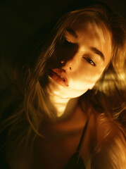 Mulher linda posando em um quarto escuro com iluminação do sol vinda de uma janela  - obrazy, fototapety, plakaty