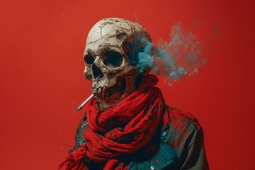 human skull on red background - obrazy, fototapety, plakaty