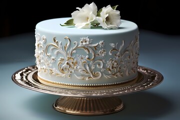 A perfectly frosted cake adorned with intricate designs, ready to be gifted for a special occasion.