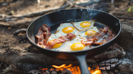 Frigideira na fogueira com ovos e bacon 