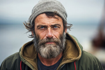  A close-up portrait of a rugged bearded man with a woolen hat and intense gaze, set against a blurred natural backdrop - 715559409