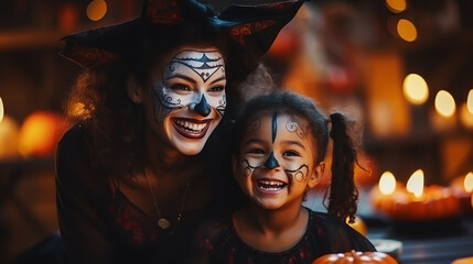 Mom and daughter in witch costumes are celebrating Halloween. Halloween holiday.