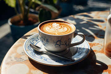 Generative AI illustration of beautifully crafted cappuccino with latte art served on a patterned saucer with spoon on a mosaic table in the sunlight