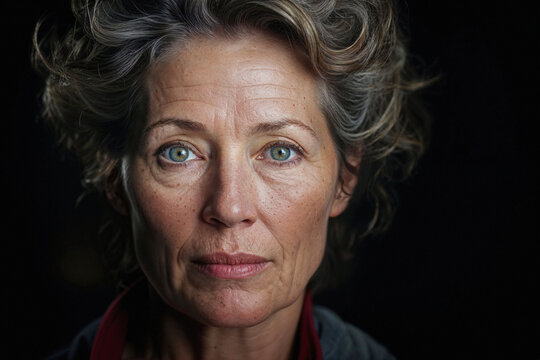 An evocative portrait of a mature woman with a piercing gaze and windswept hair, presented against a stark black background