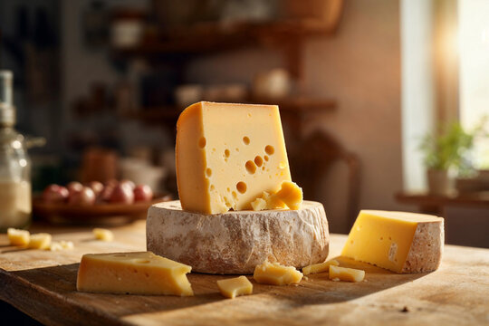 Generative AI illustration of wedge of hard cheese with holes by a beam of sunlight on a kitchen counter with more cheese varieties and kitchenware