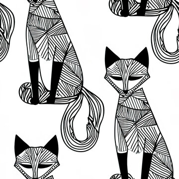 Fox minimal cute repeat pattern, isolated on white monochrome line art