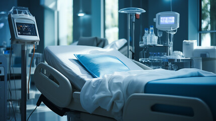 In the Hospital Sick Male Patient Sleeps on the Bed. Heart Rate Monitor Equipment - obrazy, fototapety, plakaty