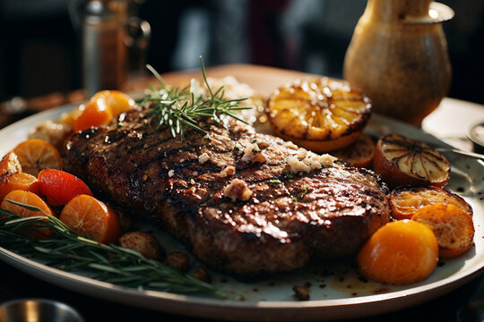 Generative AI illustration of juicy grilled steak garnished with herbs and spices accompanied by roasted vegetables on a ceramic plate
