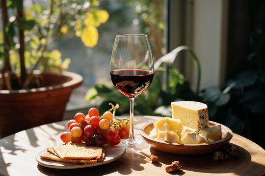Generative AI illustration of glass of red wine with a cheese assortment grapes crackers and walnuts on a wooden table bathed in sunlight - Powered by Adobe