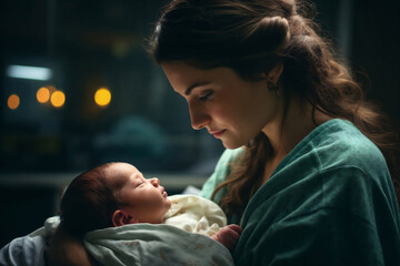 Generative AI illustration of serene mother in a hospital gown admires her sleeping newborn baby in a dimly lit room
