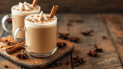 cup of chai latte with cinnamon sticks, with space for text